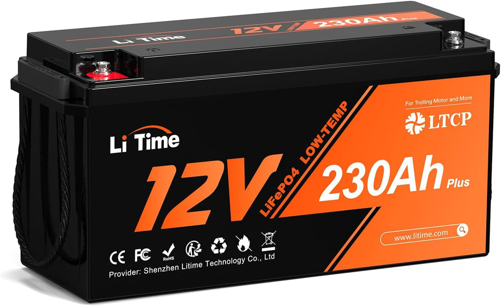 Batería Litime 12V 230Ah Plus LiFePO4 con protección a baja temperatura, BMS integrado de 200A, energía máx. de 2944Wh, batería de litio-ferrofosfato perfecta para autocaravanas, camping, sistemas solares, barcos y almacenamiento de energía doméstico.