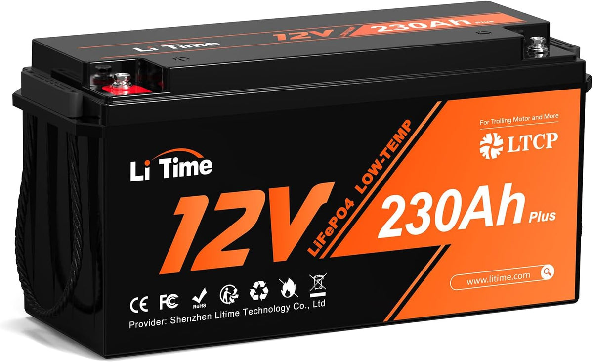 Batería Litime 12V 230Ah Plus LiFePO4 con protección a baja temperatura, BMS integrado de 200A, energía máx. de 2944Wh, batería de litio-ferrofosfato perfecta para autocaravanas, camping, sistemas solares, barcos y almacenamiento de energía doméstico.