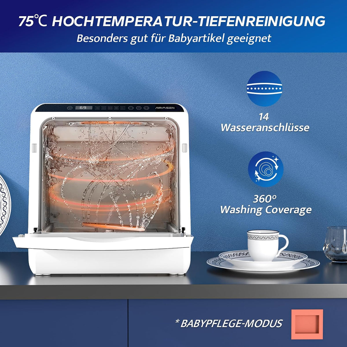 Lavavajillas de sobremesa AE-TDQR03 Mini lavavajillas con depósito de agua de 5L, 6 programas, control táctil, pantalla LED, 400W