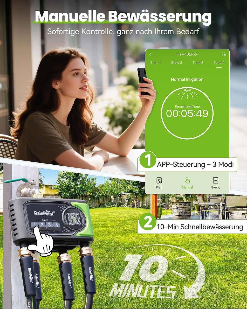 Programador de riego WiFi RAINPOINT de 4 salidas, entrada y salida de latón, temporizador de riego de 4 zonas con control basado en el clima y el suelo, control por aplicación y voz para jardín y césped