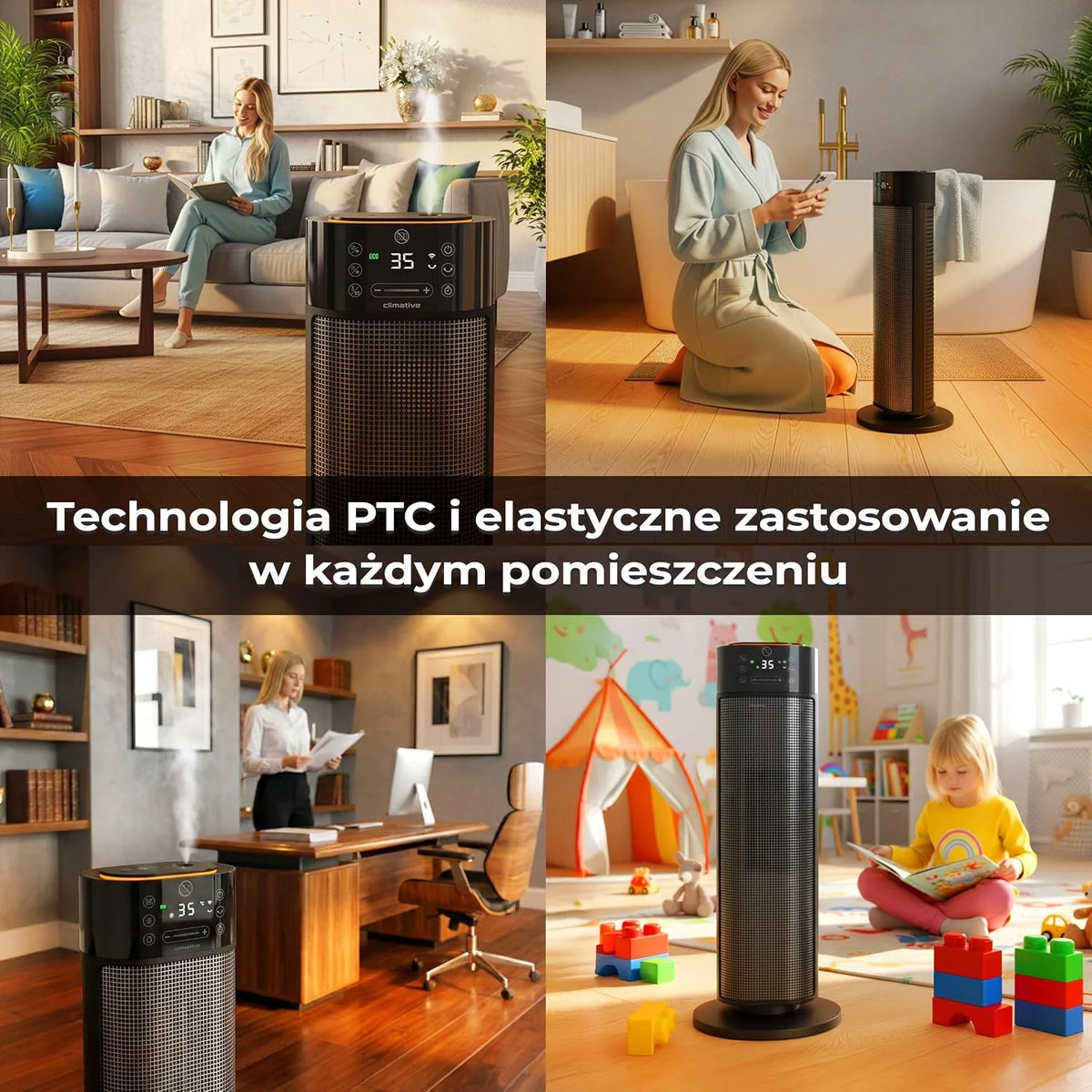 2w1 termowentylator z nawilżaczem 2000W Mistiq WiFi, oscylacja 80°, tryb ECO, timer 24h, energooszczędna elektryczna nagrzewnica PTC do pomieszczeń