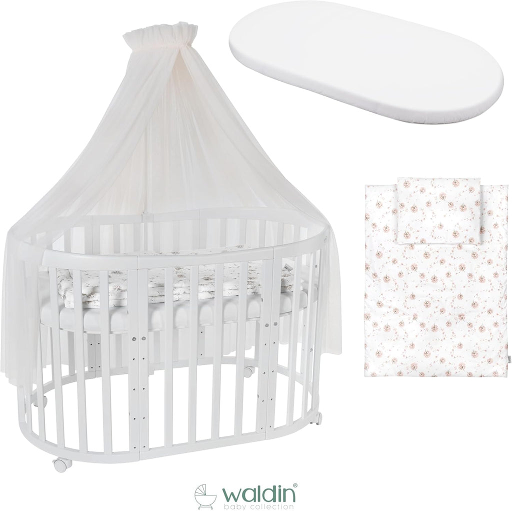Cuna ovalada evolutiva Waldin, set completo 7 en 1, cuna de barrotes, cama infantil con colchón, cambiador, cuna colecho, madera blanca