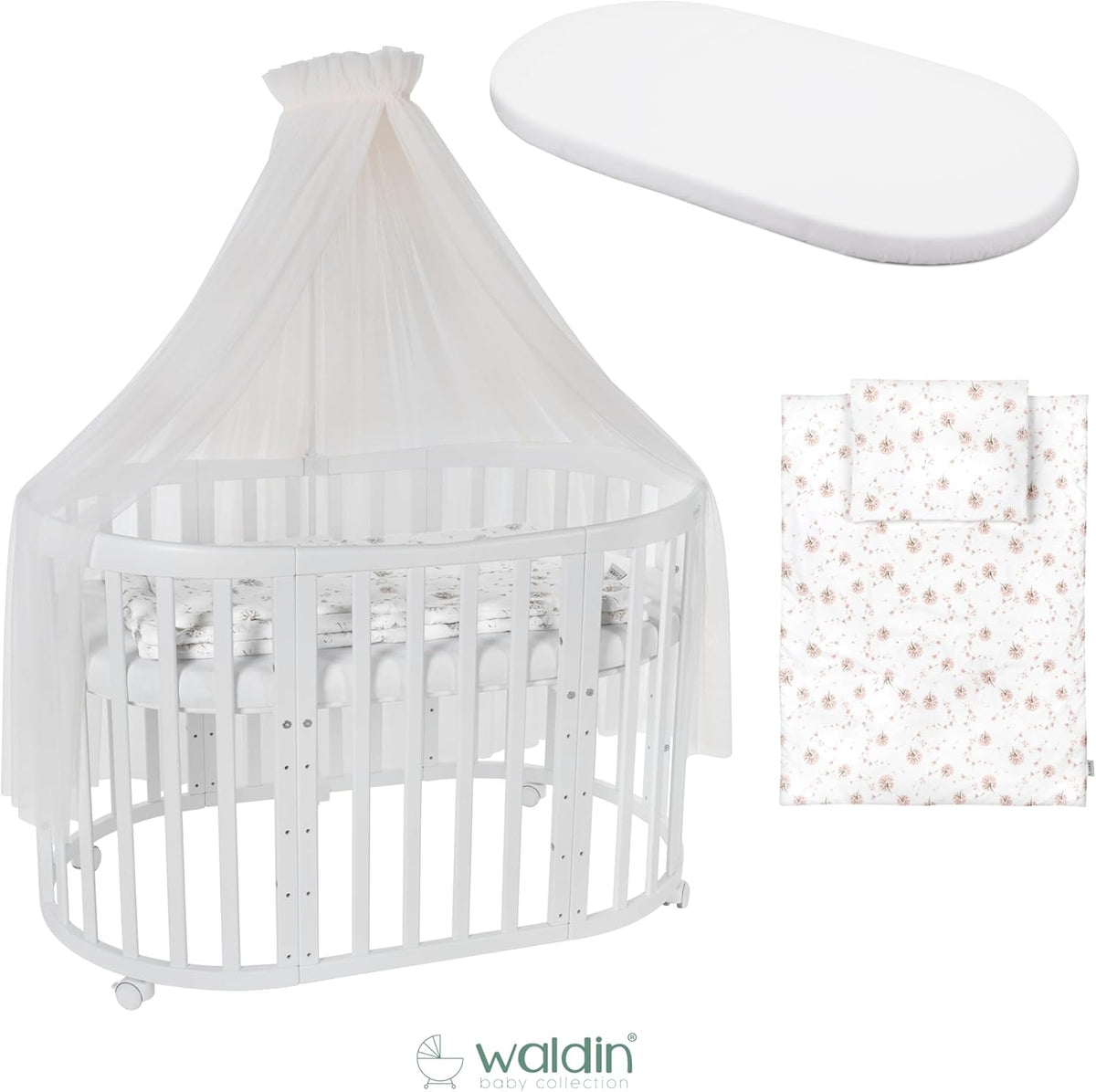 Cuna ovalada evolutiva Waldin, set completo 7 en 1, cuna de barrotes, cama infantil con colchón, cambiador, cuna colecho, madera blanca