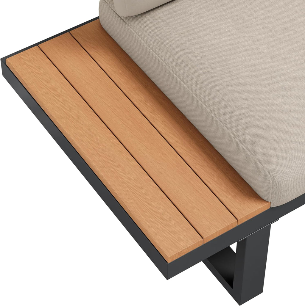 Set de muebles de jardín, posición en esquina, con función de inclinación ajustable (5 niveles, hasta 55°), tubo de acero galvanizado, tablero de mesa de madera plástica, con dos mesas de centro, beige + gris