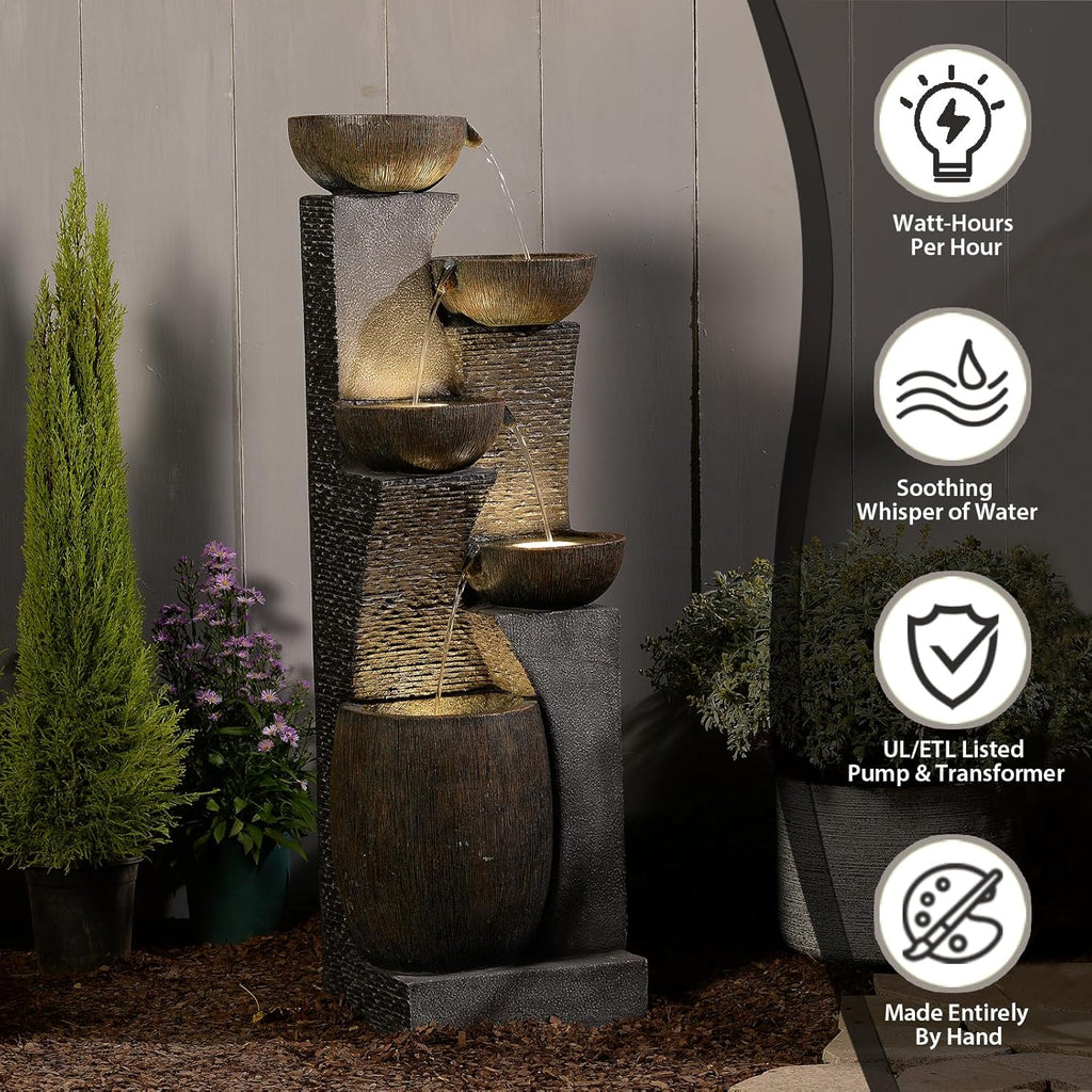 Fuente de jardín grande Bumilgar para exteriores con iluminación LED, fuente en cascada de 5 niveles para jardín, balcón, terraza, 134x46x37 cm