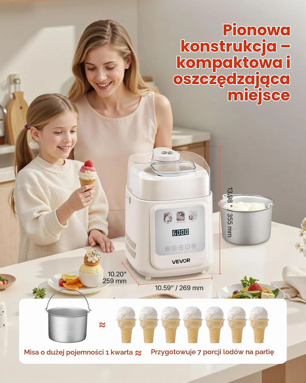 VEVOR automatyczna maszyna do lodów z wbudowaną kompresorem, 1 l, bez wstępnego zamrażania, lodów i kostkarka do lodu, z 4 trybami, elektryczna maszyna do lodu, maszyna do sorbetów jogurtowych, biała