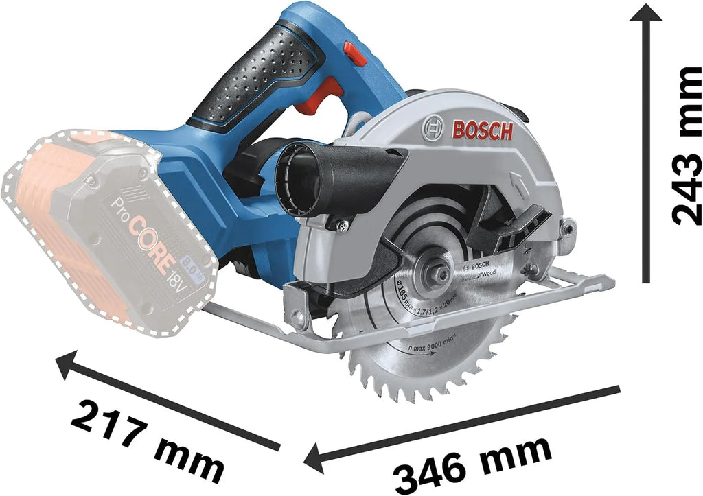 Bosch Professional system 18V: akumulatorowa pilarka tarczowa GKS 18V-57 (średnica tarczy pilarskiej 165 mm, prędkość obrotowa bez obciążenia 3.400 min-1, L-BOXX)