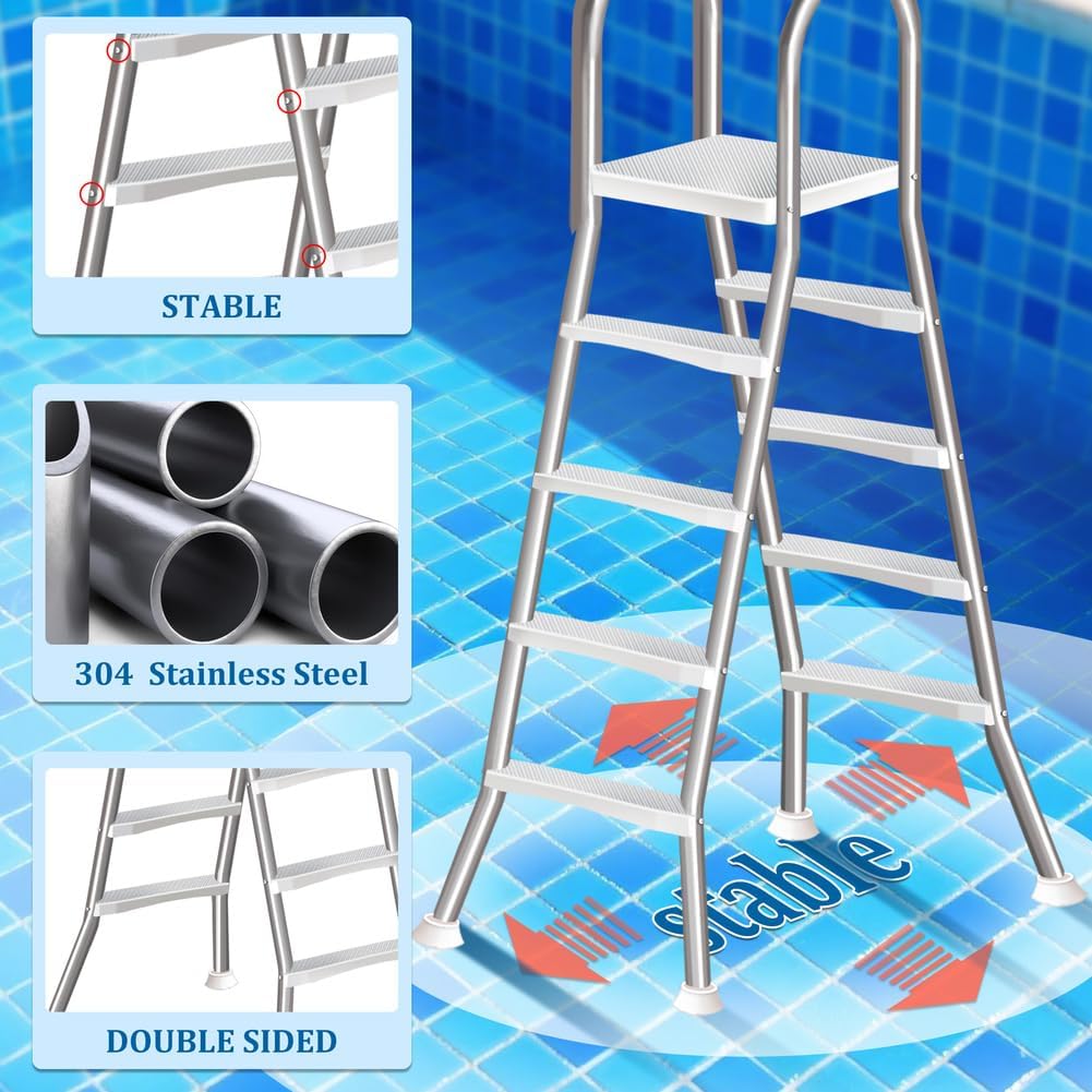 Escalera de piscina de acero inoxidable de 4 peldaños, escalera para piscina elevada, escalera de 132 cm de altura, peldaños de piscina para piscinas elevadas, escalera de piscina con capacidad de carga de 250 kg