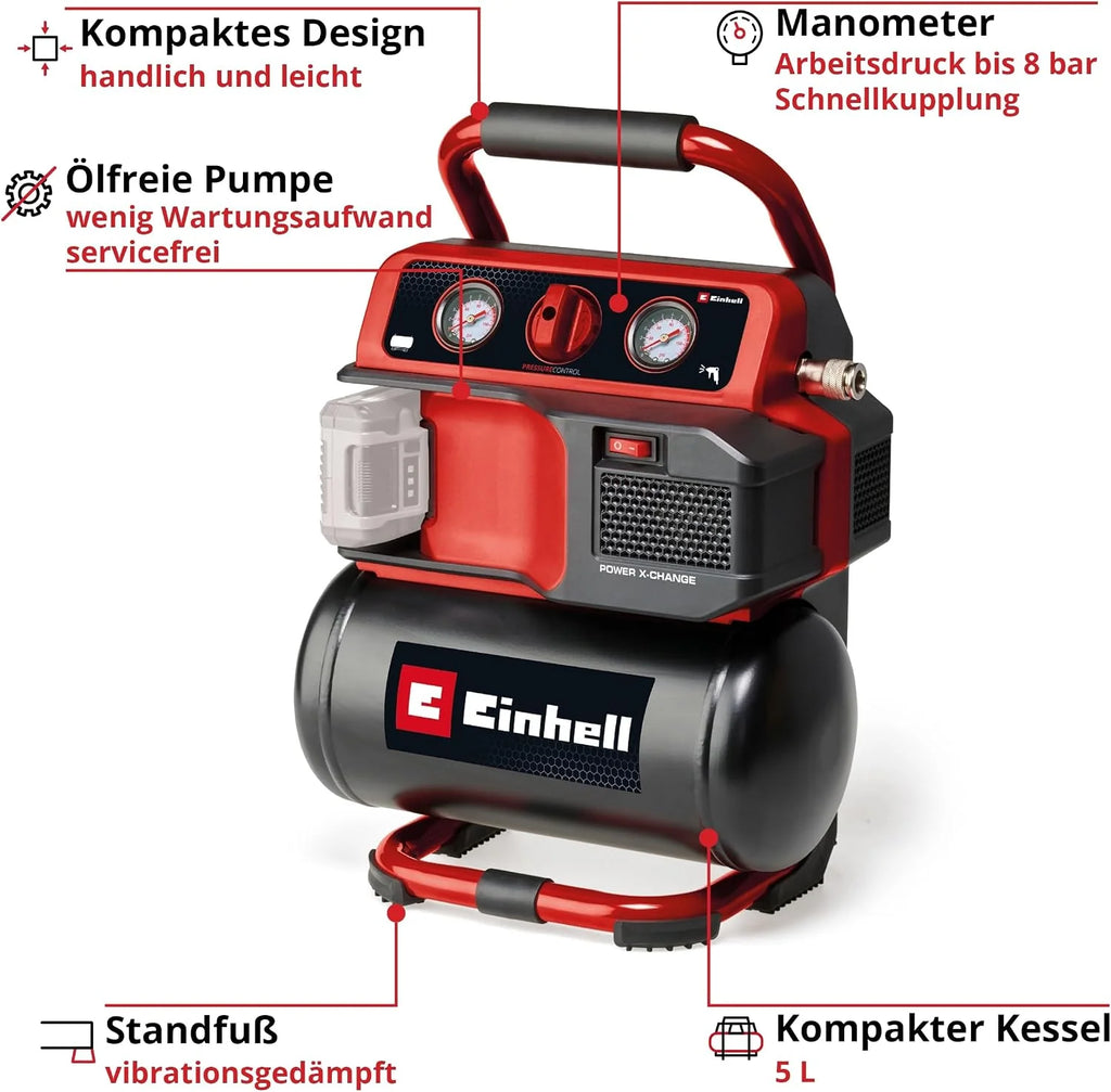 Einhell Kompresor akumulatorowy TE-AC 18/75 Li OF-Solo Power X-Change (18 V, maks. 8 bar, 5 l zbiornik, moc ssania 75 l/min, 2 manometry, bezolejowy, bez akumulatora)