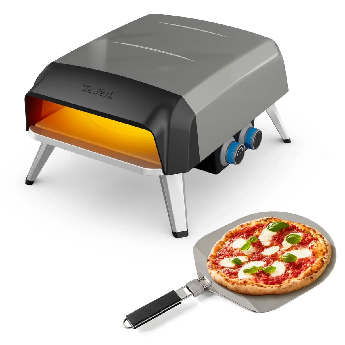 Horno de pizza para exteriores Tefal Pizza Pronto hasta 400°C, regulador de temperatura, piedra giratoria, pala para pizza, acero inoxidable JM413015