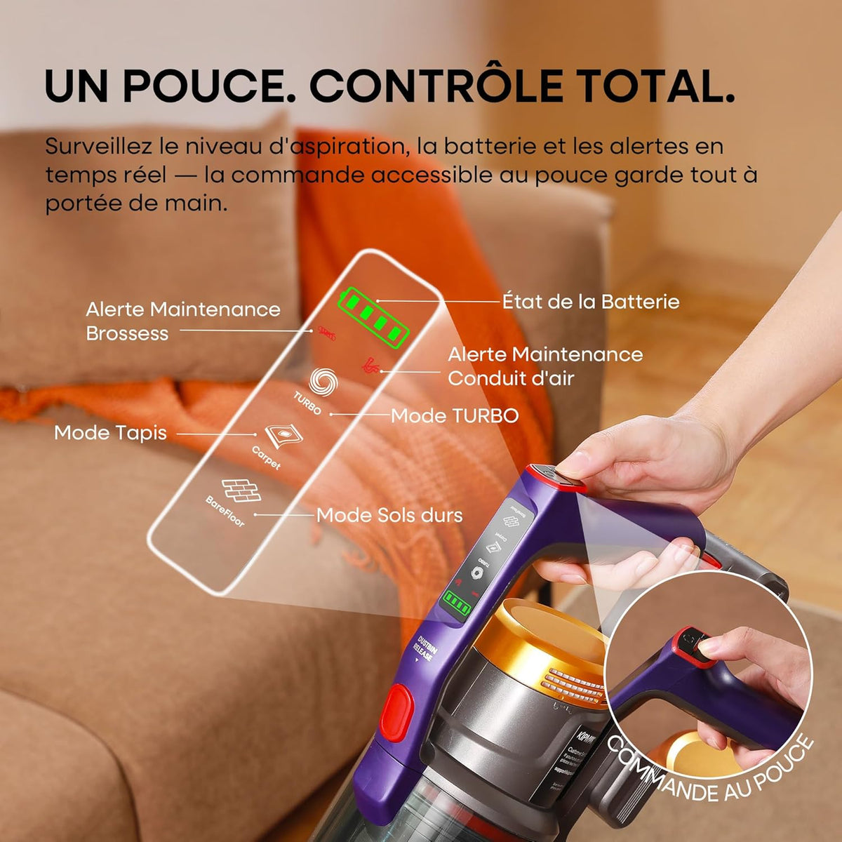 Aspiradora escoba sin cable KIPMAX (de mano y vertical) 550W/50KPa, aspiradora sin cable con 70 minutos de autonomía - Pantalla LED, aromaterapia, filtrado de 7 capas, aspiradora escoba, para pelo de mascota/alfombras/suelos duros