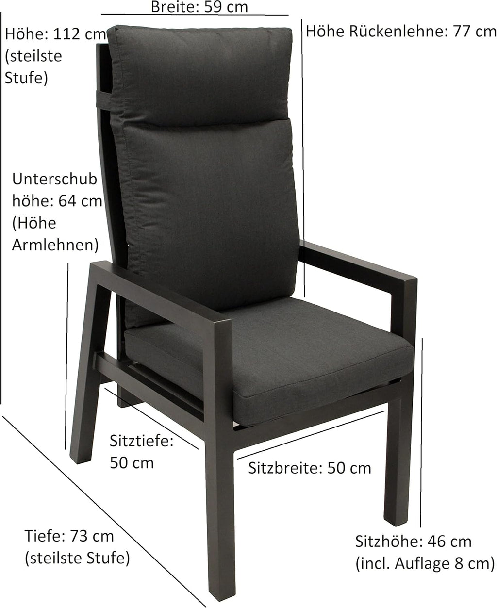 DEGAMO 2x Silla de jardín de respaldo alto MANCIANO, aluminio inoxidable color antracita, con cojines gris oscuro, respaldo ajustable de forma continua con resorte de gas