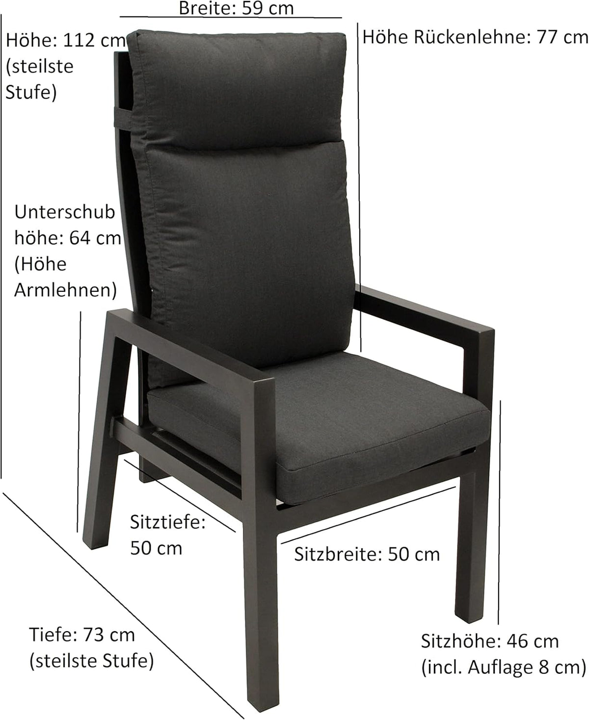 DEGAMO 2x Silla de jardín de respaldo alto MANCIANO, aluminio inoxidable color antracita, con cojines gris oscuro, respaldo ajustable de forma continua con resorte de gas