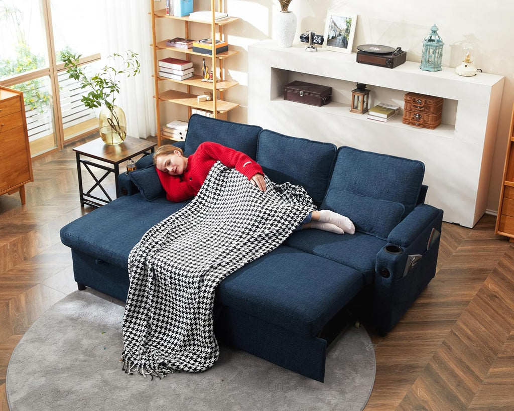 DURASPACE Sofá cama extraíble 2 en 1, sofá seccional con almacenamiento, USB, portavasos, función de dormir y arcón, sofá esquinero con espacio de almacenamiento para apartamento, sala de estar (azul)