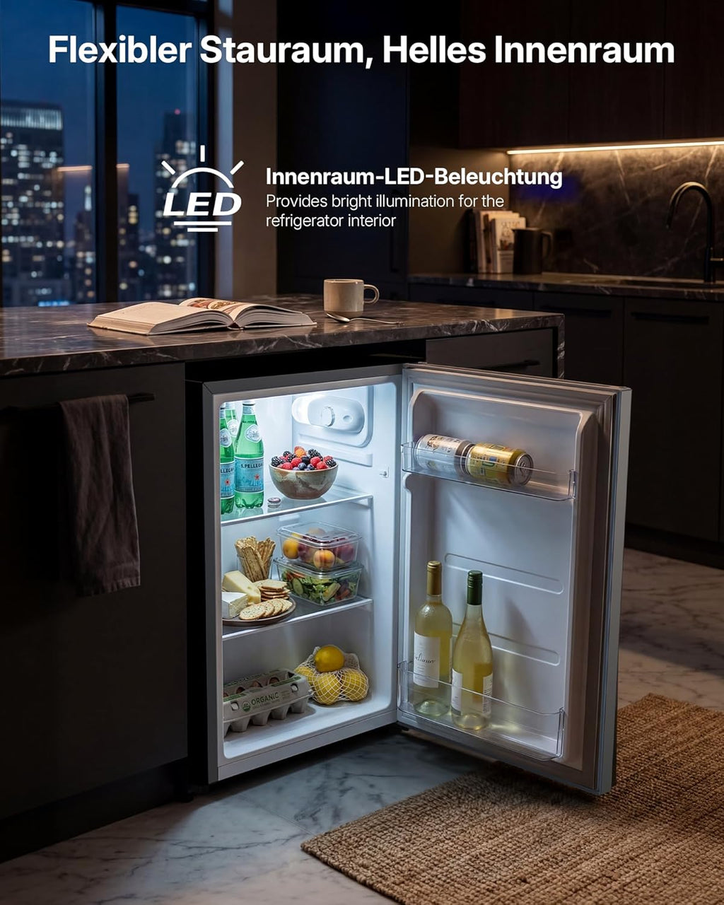 Refrigerador Upstreman 71L sin congelador, 1-10°C, control de temperatura de 7 niveles, iluminación LED, 40 dB silencioso, refrigerador de espacio completo de bajo consumo para dormitorio, oficina, cocina, CR71-Plata