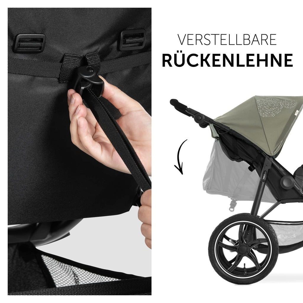 Cochecito hauck Runner 2, silla de paseo de tres ruedas con ruedas neumáticas XL para niños de hasta 22 kg, protección UV 50+, ventana de ventilación, altura ajustable, plegable, cesta XL de hasta 3 kg, función de reclinado (negro)