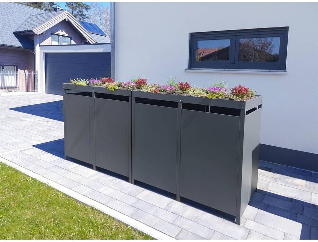 Cubrecontenedores Metzler para 4 cubos de 240L en antracita y efecto madera con techo ajardinado y franjas decorativas, cerramiento para 4 cubos con tapa automática, caseta para basura de acero inoxidable con recubrimiento en polvo, con cerradura