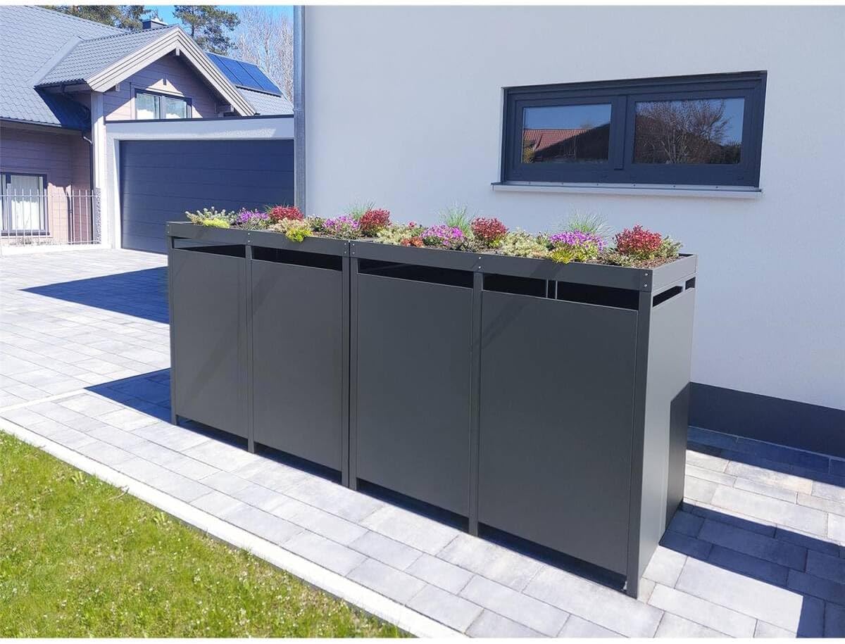Cubrecontenedores Metzler para 4 cubos de 240L en antracita y efecto madera con techo ajardinado y franjas decorativas, cerramiento para 4 cubos con tapa automática, caseta para basura de acero inoxidable con recubrimiento en polvo, con cerradura