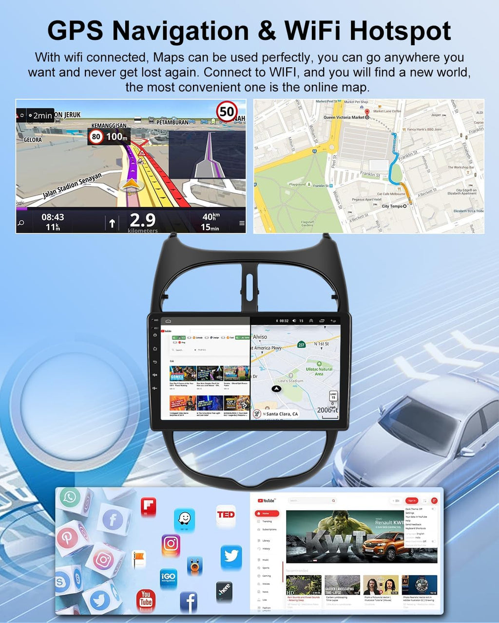 Autorradio Android NHOPEEW 2G+64G para Peugeot 206/206CC 2002-2008 - Carplay inalámbrico y Android Auto - Autorradio Carplay de 9 pulgadas con WiFi, ecualizador, GPS, FM, RDS + cámara de visión trasera AHD