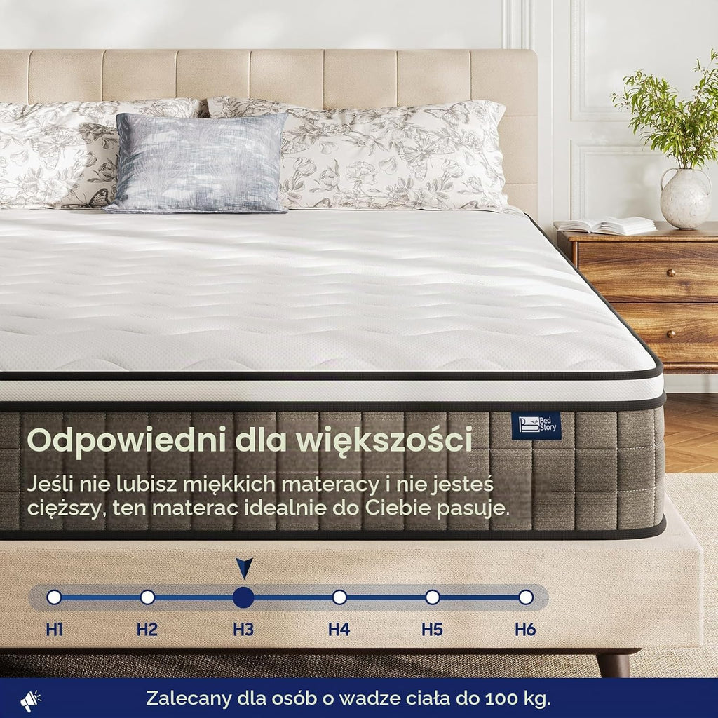 BedStory Materac ze sprężynami kieszeniowymi, 140 x 200 cm, twardość H3/H4, 20 cm, Öko-TEX, ciemnoszary