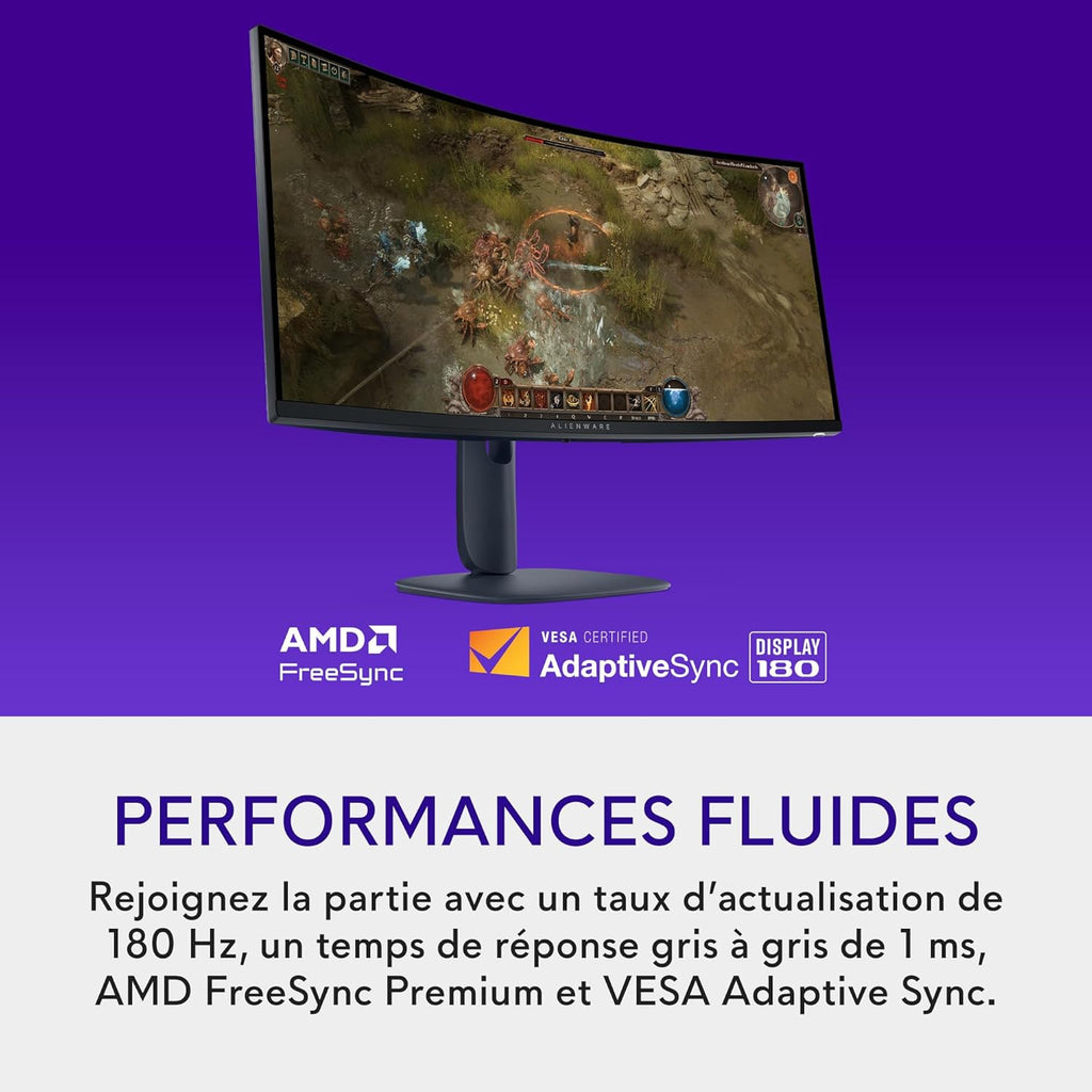 Monitor Gaming Alienware 34 - AW3425DWM, WQHD (3440x1440), 21:9 Curvo 1500R, 180Hz, VA, 1ms, AMD FreeSync Premium, VESA AdaptiveSync, 95% DCI-P3, HDR400, DisplayPort, 2 HDMI, 3 USB, Garantía de 3 años