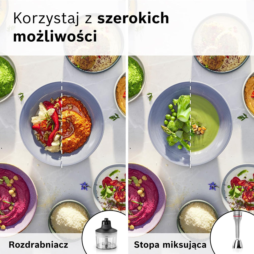 Bosch, blender ręczny, ErgoMaster Serie 8, silnik 1500 W, intuicyjna regulacja prędkości, 6-ramienne ostrze, akcesoria w zestawie, stal nierdzewna, MSM8M930