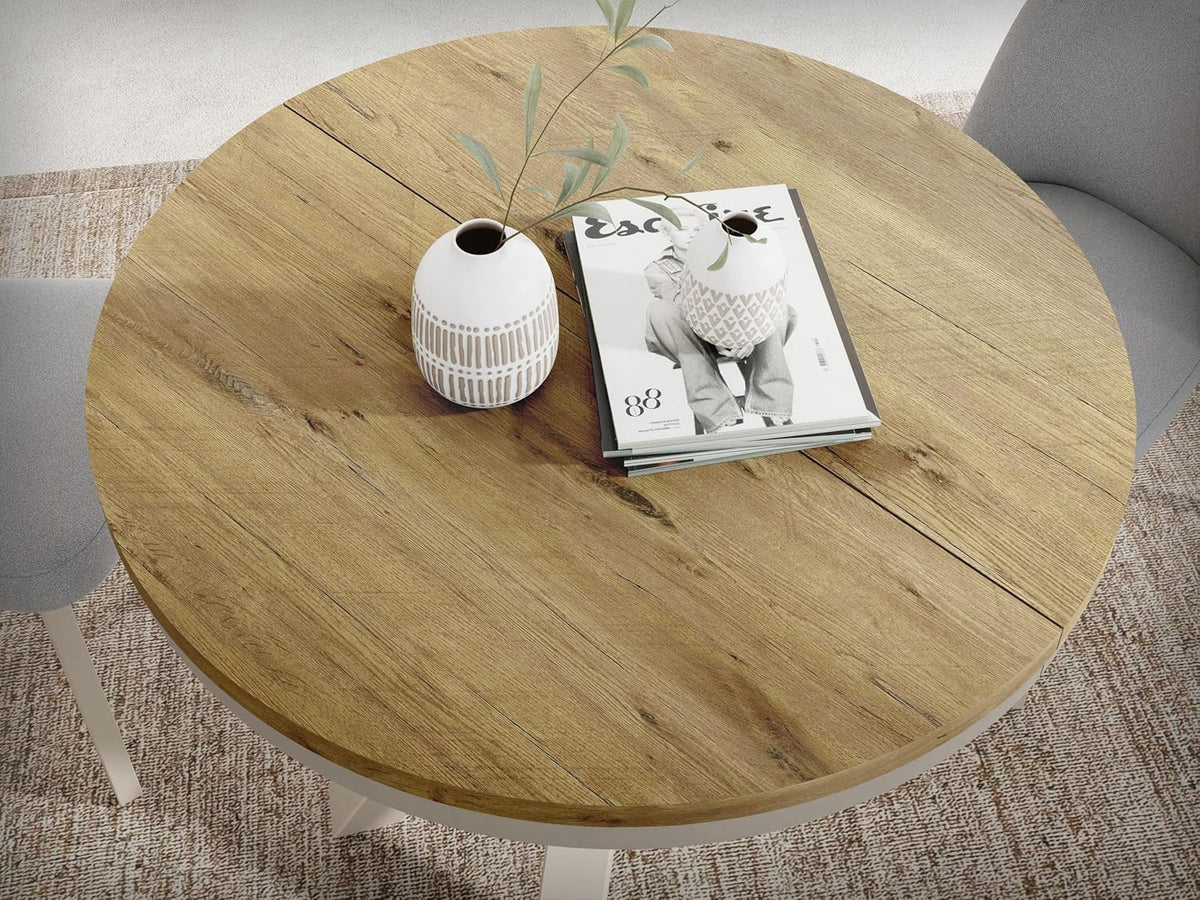 WFL GROUP Mesa de comedor redonda extensible estilo loft - Mesa industrial con patas de metal color cachemira gris beige - Mesa ahorradora de espacio para salón - Roble Lancelot - 100 a 180 cm