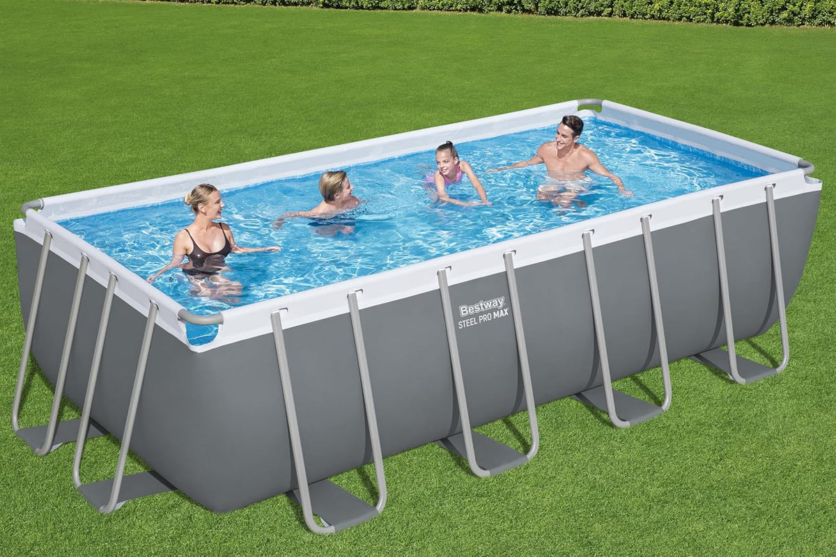 Set completo de piscina desmontable Bestway Power Steel con depuradora de arena, 488 x 244 x 122 cm, gris, rectangular