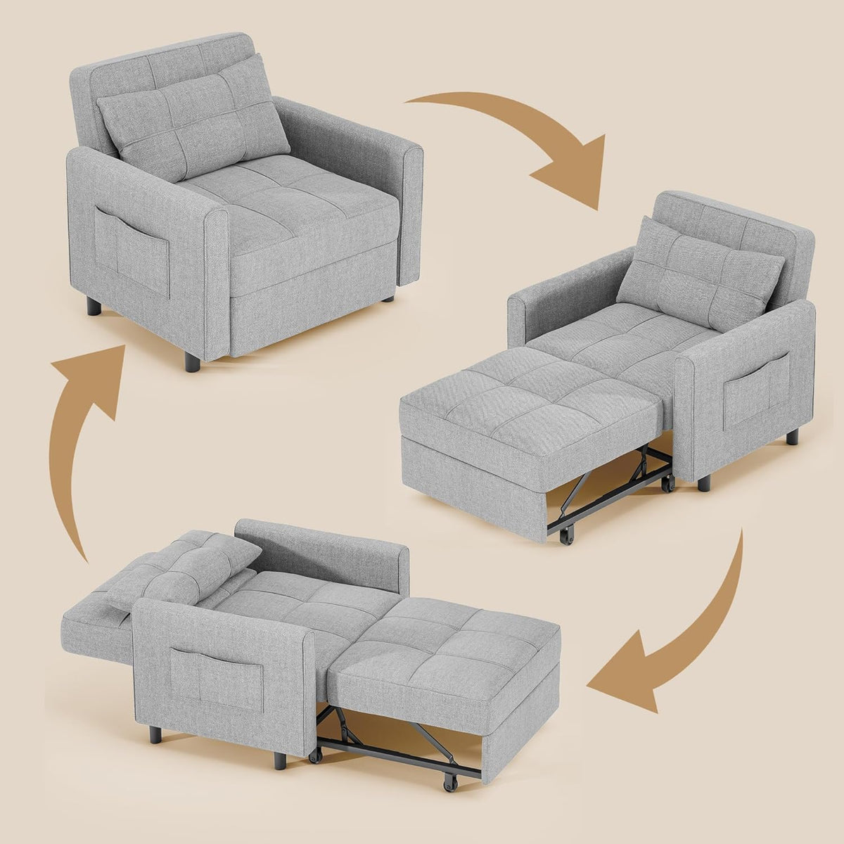 Gizoon Sofá cama convertible 3 en 1, silla cama individual extraíble con respaldo ajustable, sofá multifuncional espacioso para sala de estar, dormitorio, apartamento