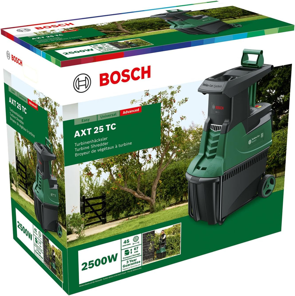 Trituradora de turbina Bosch AXT 25 TC (2500 W; adecuada para madera y residuos de jardín duros; incluye guantes de jardinería; caja colectora integrada de 53 l; en caja de cartón) – Edición