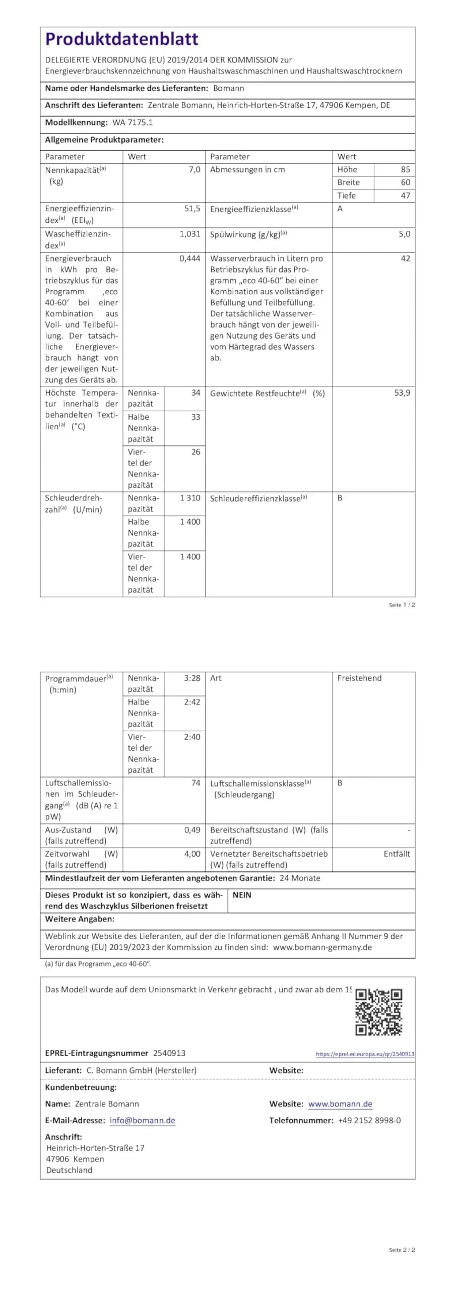 Lavadora Bomann 7 kg, 1400 rpm, motor inverter, 10 años de garantía, 15 programas, inicio diferido, WA 7175.1, clase energética A