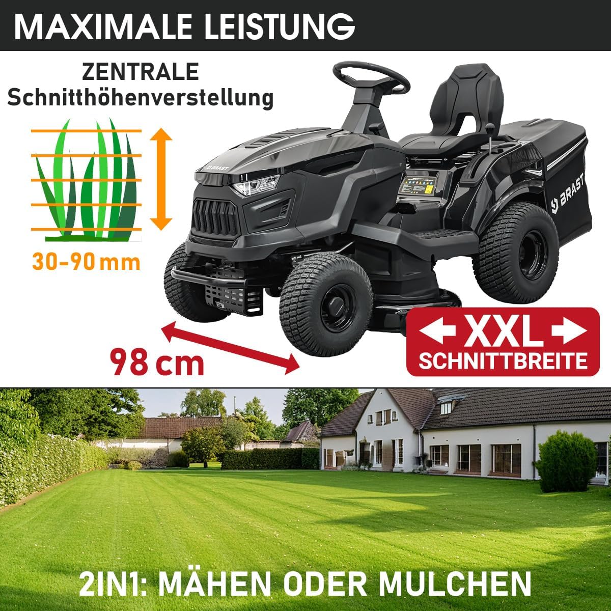 Tractor cortacésped a gasolina BRAST | 9,2 kW (12,5 CV) | Arranque eléctrico | Ancho de corte XXL de 98 cm | Función 2 en 1 | Transmisión de 7 velocidades | Cesta de recogida de 245 L | para grandes superficies de césped de 1.000-5.000 m²
