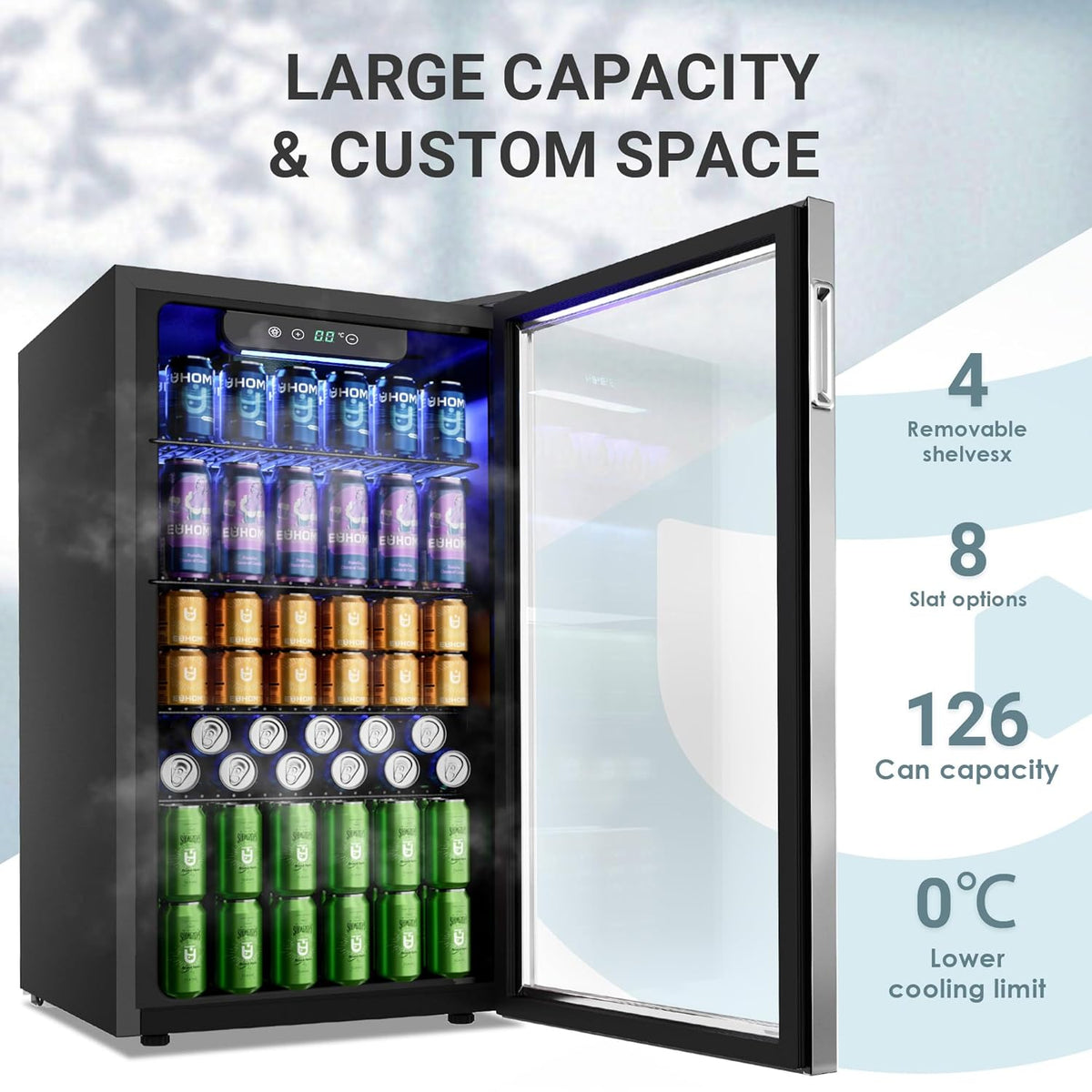 EUHOMY 90L Refrigerador de bebidas, mininevera para 126 latas con puerta de cristal, nevera pequeña con estantes ajustables para refrescos, cerveza o vino, perfecta para el hogar/bar/oficina, plateado, acero inoxidable