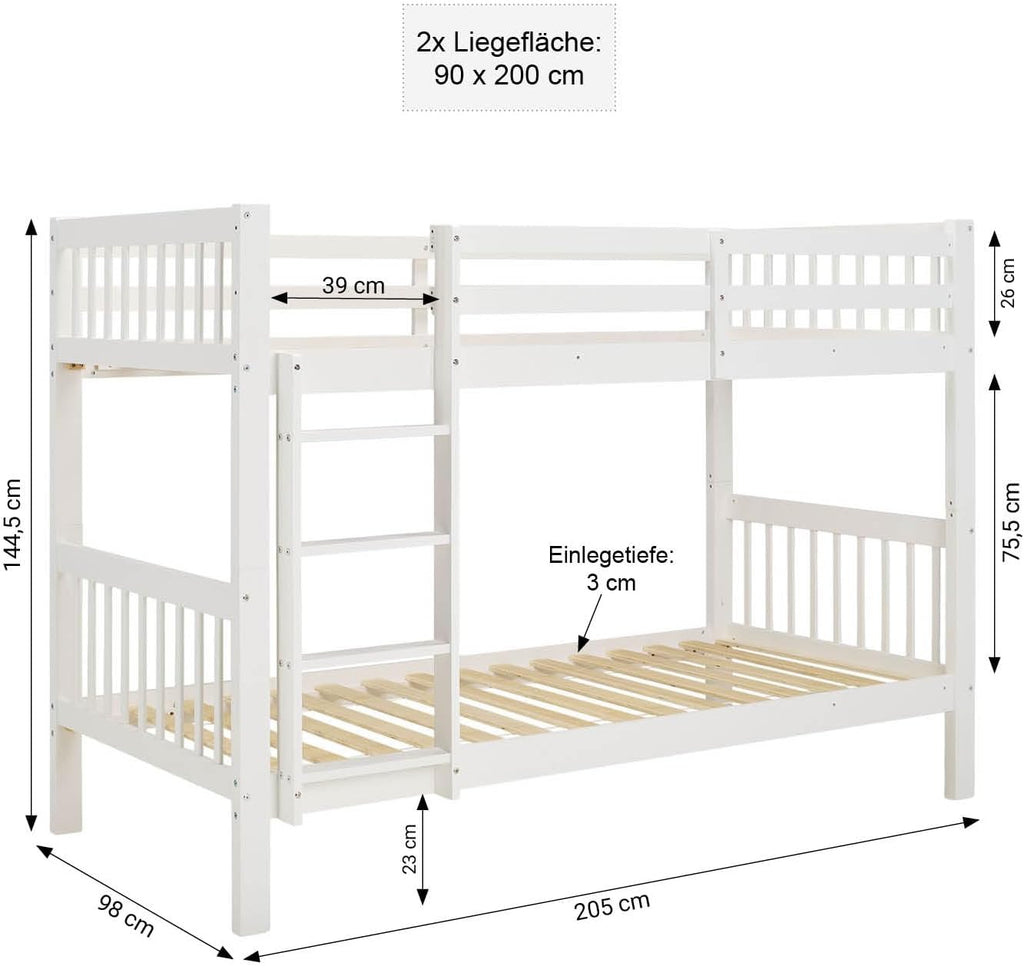 Homestyle4u, litera para 2 niños 90x200 con escalera, madera de pino blanco, cama alta 90x200 divisible en 2 camas infantiles, litera doble