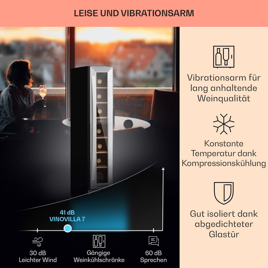 Vinoteca Klarstein, nevera para bebidas de 1 zona, pequeña vinoteca empotrable estrecha, enfriador de vino de 20 l con puerta de cristal, nevera para botellas interior/exterior, frigorífico para vinos 5-22 °C, 7 botellas