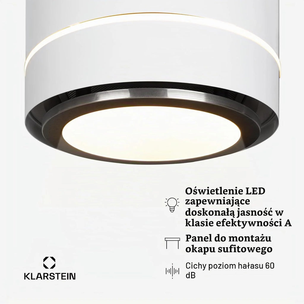 Klarstein Okap kuchenny, Okap wyspowy wiszący, wyciągowy/z recyrkulacją do montażu sufitowego, Nowoczesny z 3 biegami, Przepływ 521m³/h, Filtr węglowy, wyspowy sufitowy