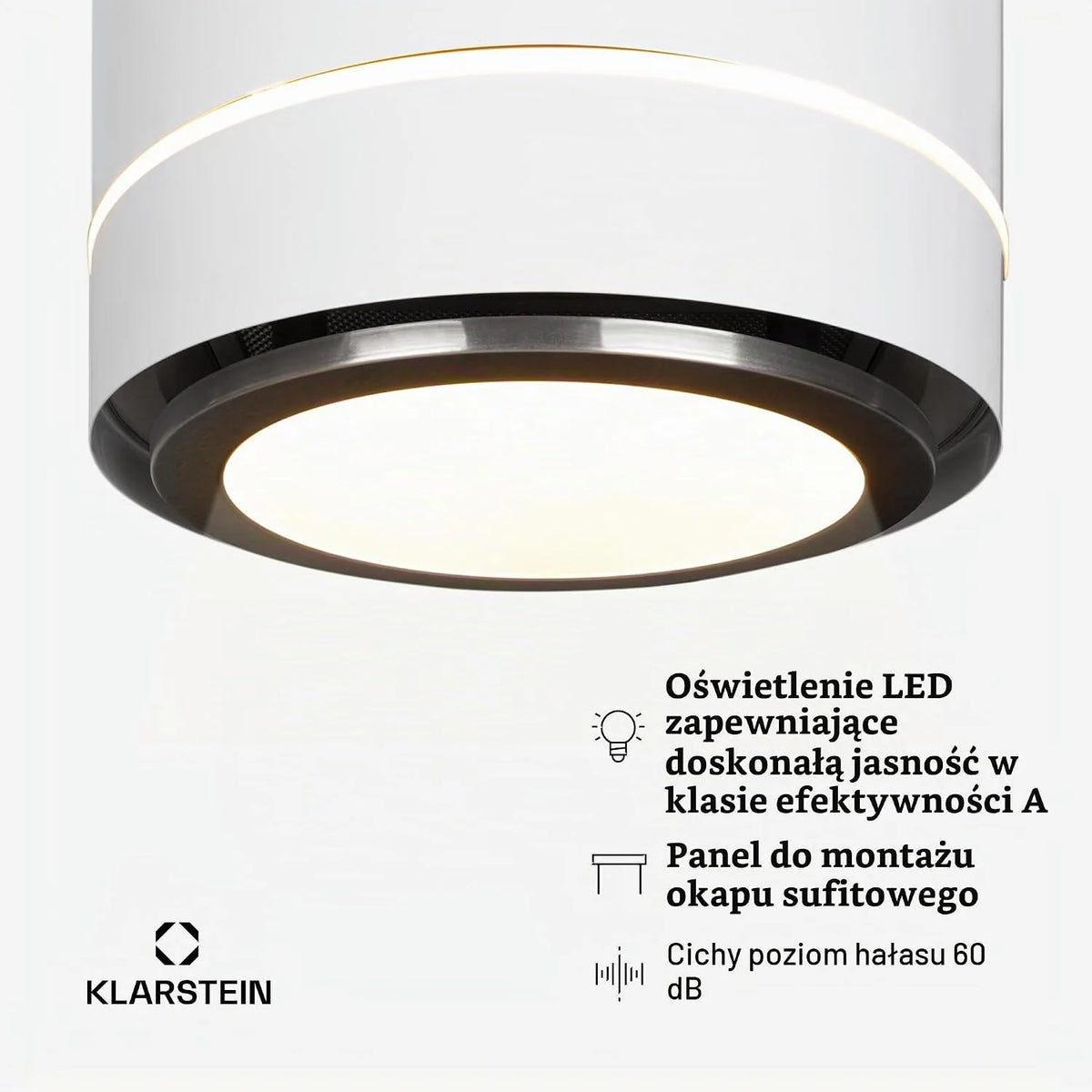 Klarstein Okap kuchenny, Okap wyspowy wiszący, wyciągowy/z recyrkulacją do montażu sufitowego, Nowoczesny z 3 biegami, Przepływ 521m³/h, Filtr węglowy, wyspowy sufitowy