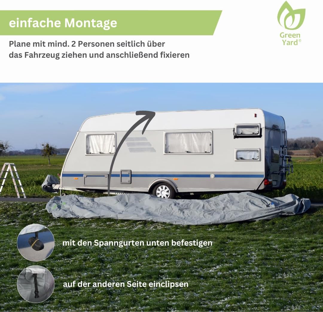 GreenYard® Lona de protección para caravanas o autocaravanas | Talla S 460 x 250 x 220 cm | Funda de camping | Protección contra el polvo y la humedad | Transpirable | Duradera