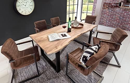 Mesa de comedor SAM B-Ware 200x100 cm Mundra, mesa de madera de acacia con borde natural, maciza y color natural, base en U de metal negro, mesa de comedor con borde de árbol auténtico