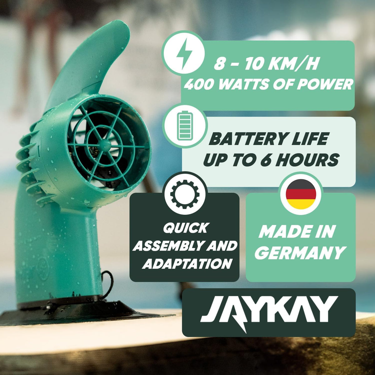 JayKay Sup E-Fin | Aleta eléctrica para tabla de SUP, kayak y windsurf | hasta 6 horas de
