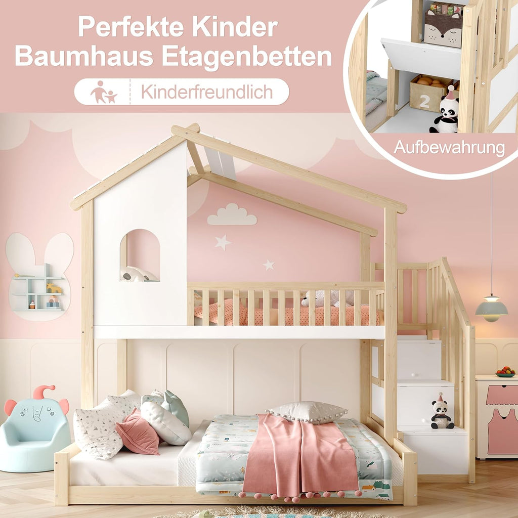 Litera infantil Merax para 2 niños, 90x200 y 140x200 cm, cama alta tipo casita con techo, ventana y barandilla, escalera con 2 compartimentos de almacenamiento, cama con somier y protección anticaídas, sin colchón, blanco y natural