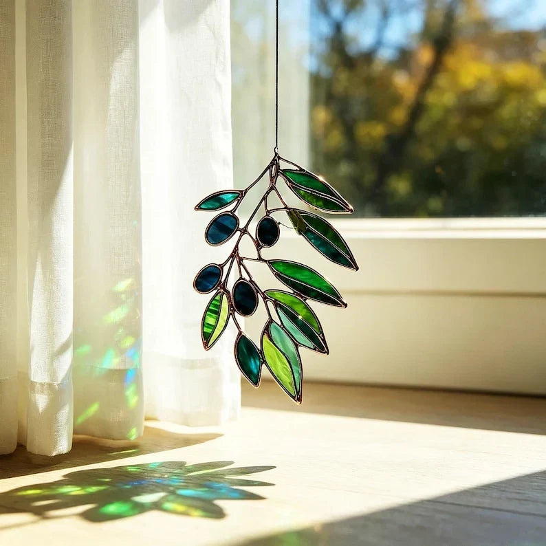 Atrapasueños de vidrieras, rama de olivo, hoja verde, colgante de ventana, decoración botánica