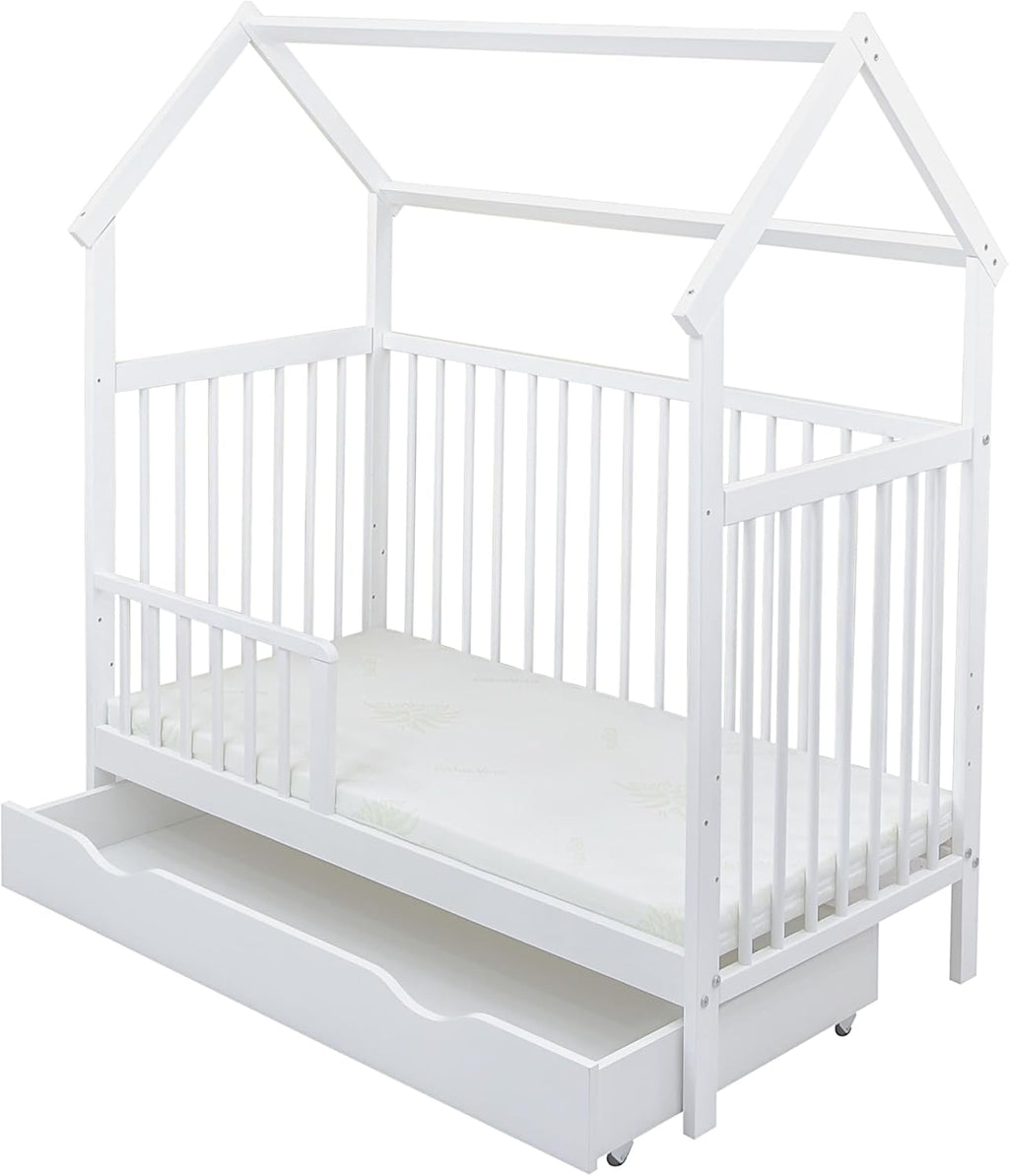 Set completo de cuna Baby Delux, cama casita de 60x120 cm, color blanco, con cajón, barrera anticaídas, colchón, ropa de cama y set de decoración (Prince Stars)