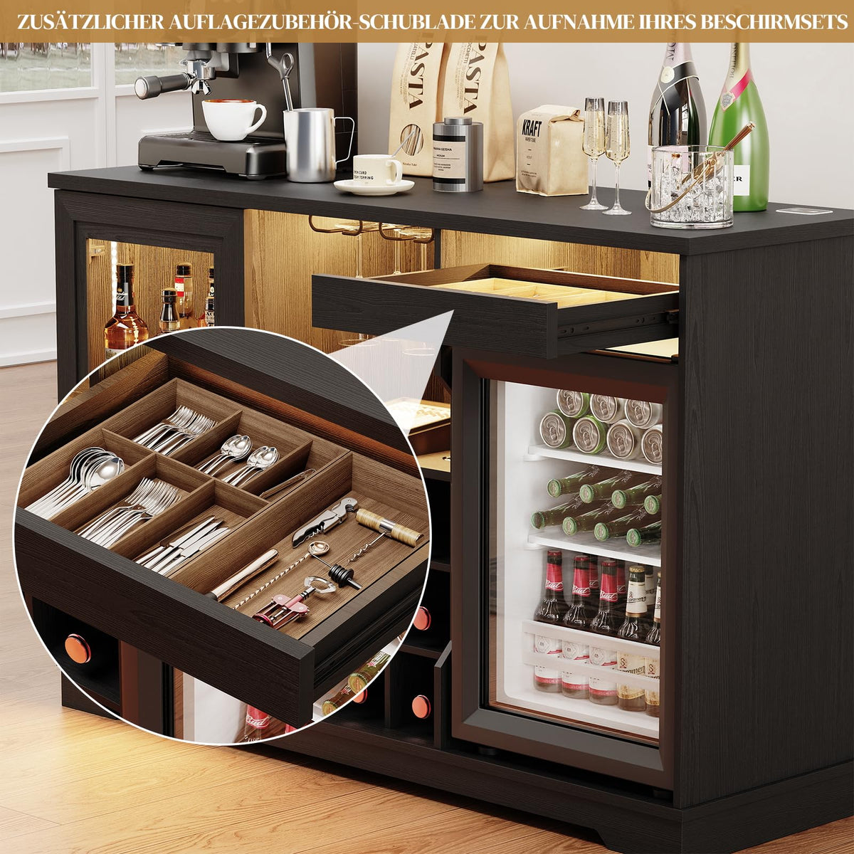Mueble bar con refrigerador WR003B 120 x 40 x 78 cm iluminación LED 9 botelleros sensor de movimiento