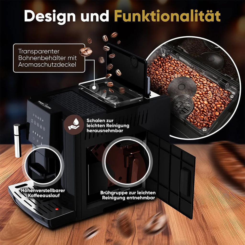 ProfiCook w pełni automatyczny ekspres do kawy, spieniacz do mleka, stożkowy młynek do korzeni, zbiornik na wodę 1,8 l, z funkcją podgrzewania filiżanek, wyświetlacz dotykowy, ekspres do kawy, PC-KAV