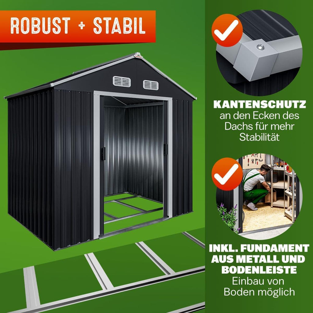 Caseta de jardín de metal GARDEBRUK® XL 2 m² con base 196x132x188 cm, puerta corredera, antracita, cobertizo de herramientas, caseta de jardín, armario 4 m³