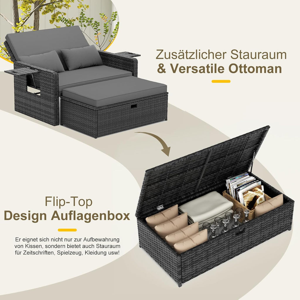 Muebles de salón de ratán para exteriores UDPATIO, muebles de balcón, sofá de jardín con taburete, sofá de ratán con espacio de almacenamiento, cama de jardín ajustable de 2 plazas para terraza, balcón, jardín, gris jaspeado y fundas gris oscuro