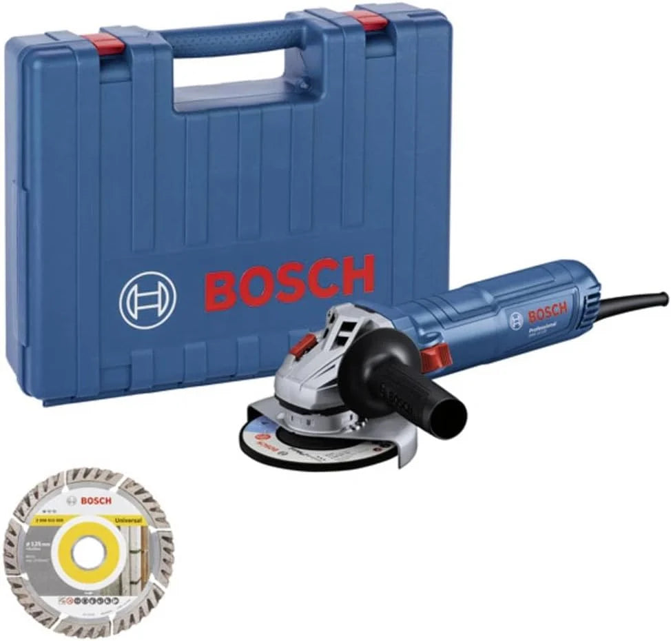 Bosch Professional: szlifierka kątowa GWS 12-125 (Ø tarczy: 125 mm, moc 1 200 W, zabezp. przed ponownym rozruchem, 1 diam. tarcza tnąca, ręk. dod., pokrywa ochronna, nakrętka moc., walizka)