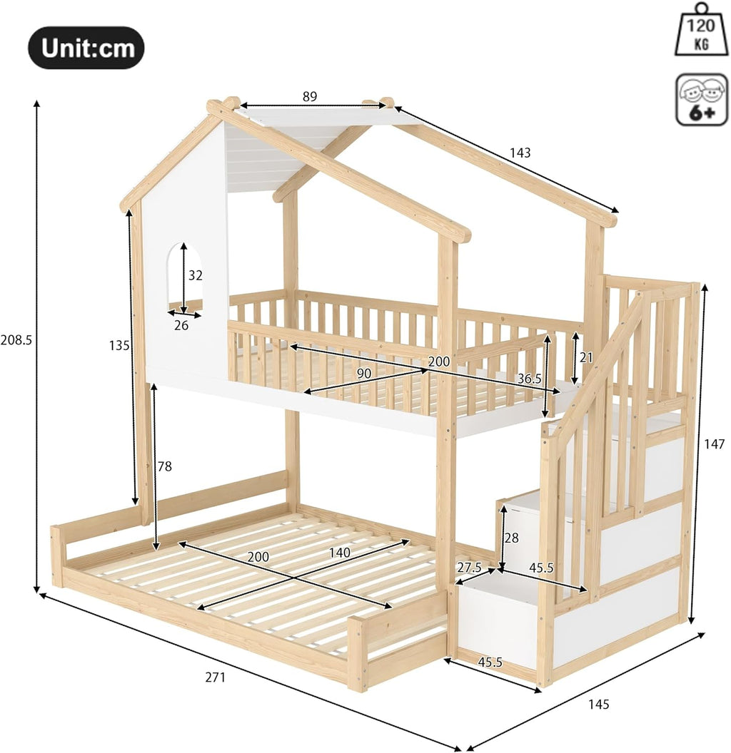 Litera infantil Merax para 2 niños, 90x200 y 140x200 cm, cama alta tipo casita con techo, ventana y barandilla, escalera con 2 compartimentos de almacenamiento, cama con somier y protección anticaídas, sin colchón, blanco y natural