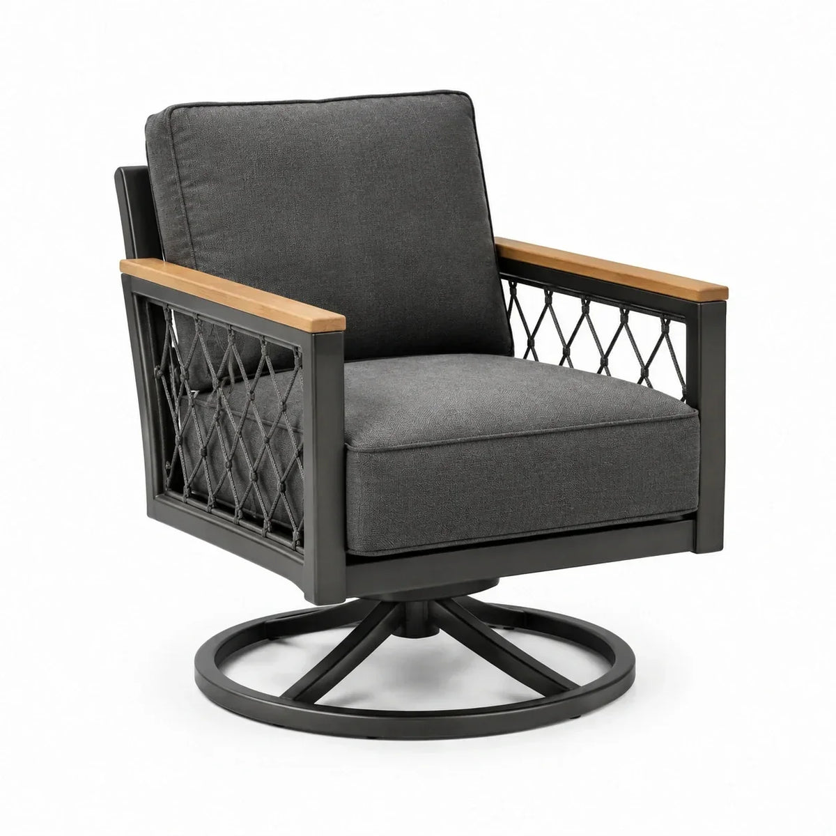 Sillón gir atorio gris con estructura de metal y reposabrazos de madera